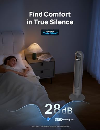 Image of DREO Tower Fan for Bedroom, 4 Speeds, 3 Modes Standing Fans for Room with 90 wide Oscillating, 28dB Quiet for Sleep, 26ft /s Velocity, 33ft Coverage, 8H Timer, Remote, Living Room, Office, Home, Grey
