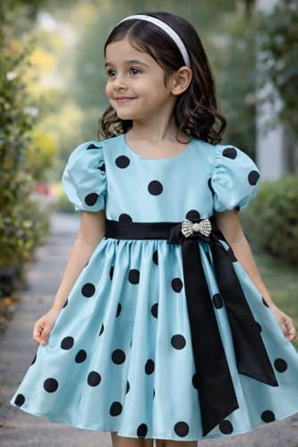 Image of Buy & Try Girls Satin Polka Dot Printed Frock & Dress, Knee Length Puff Sleeve Dress with Zipper Closure