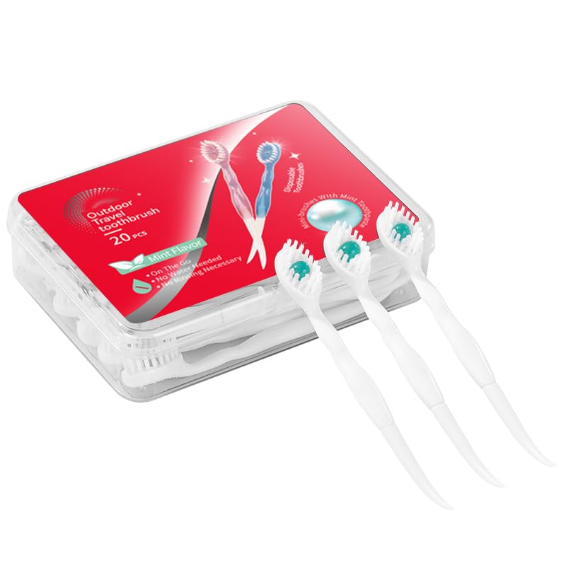 JOUGE Disposable Mini Toothbrush Travel Toothbrushes with Toothpaste Toothpick Tongue Scraper Portable Prepasted Toothbrush Peppermint 20pcs (20)