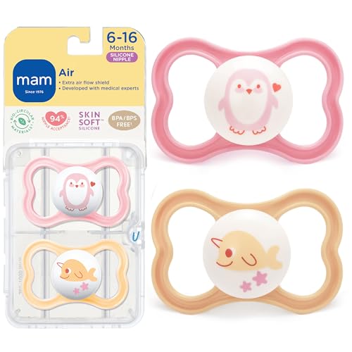 Image of MAM Air Pacifier for Babies 6-16 Months, Extra Air Flow for Sensitive Skin, Developed with Medical Experts, BPA-Free Skin Soft Silicone, 2 Count, with Sterilizer Case, Made in Europe