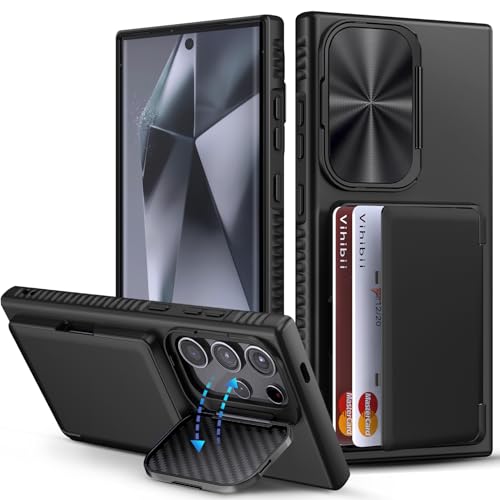 Image of Vihibii for Samsung Galaxy S24 Ultra Back Cover with Card Holder (4 Cards) & Stand & Camera Protective Cover, Hard Back Soft Edge Shockproof Kickstand Phone Case for Samsung S24 Ultra 6.8 inch, Black