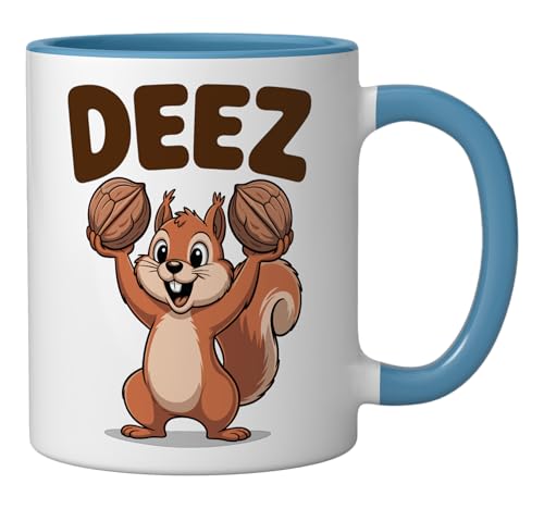 Squirrel Holding Nuts Deez Nuts Humor Funny Meme Ceramic Mug, Blue/White
