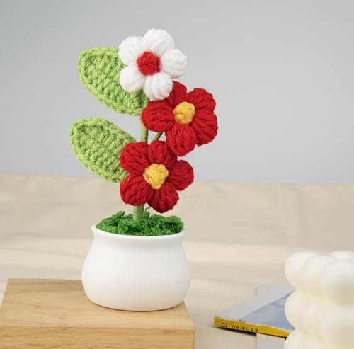 Image of VRB Dec Plastic TM 1 Pcs Crochet Flowers Artificial Daisy for Office Desk Car Dashboard Decor,Home Decoration, Office, Bedroom, Christmas Decor, Wedding,Diwali. (Triple Red Daisy with Pot)