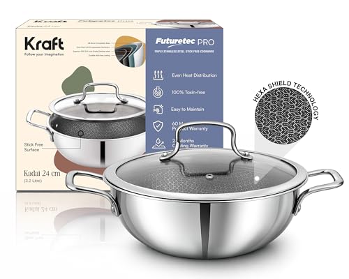Image of Kraft Futuretec Pro Triply Honeycomb Kadai with Glass Lid - 3.2 litres, 24 cm | Stainless Steel Kadai for Cooking | Stick-Resistant Hexa Design | Metal Spatula Safe | Induction & Gas Compatible