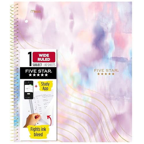 Five Star Spiral Notebook + Study App, 1 Subject, Wide Ruled, 8' x 10-1/2', 80 Sheets, Fights Ink...