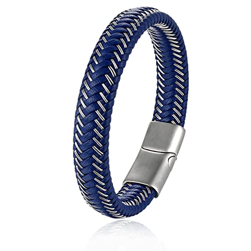 Leather Interwoven with Stainless Steel Cable Braided Bangle Bracelet Mens Womens Minimalist
