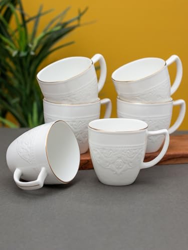 Image of Clay Craft Fine Ceramic Gold Printed Tea /Coffee Cup Set of 6-200 ml Each (Stain IMP 1101), Tea Cup Set of 6, Mugs for Coffee, Cups Set of 6, Mug Set, Ideal for Gifting, Perfect for Home and Office