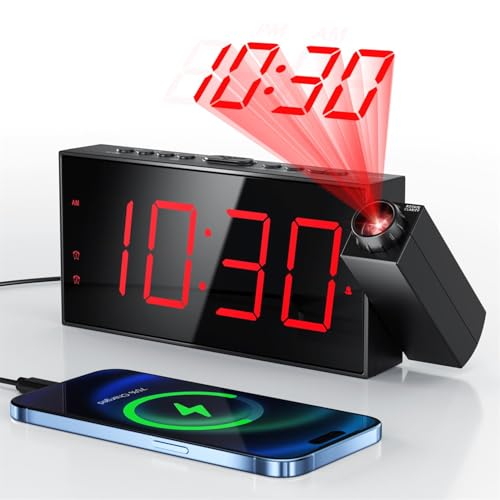 Mesqool Réveil à Projection, Puissant avec Projecteur Rotatif à 180°, Variateur de Luminosité à 5 Niveaux, écran LED Clair, Chargeur USB, Fonction...
