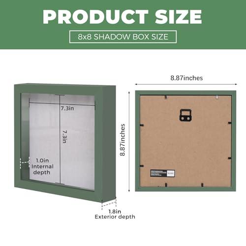 Image of Muzilife 8x8 Shadow Box Picture Frame with Linen Board - Deep Wood & Glass Display Rustic Case Ready to Hang Memorabilia, Pins, Awards, Medals, Wedding, Tickets, and Photos, Green