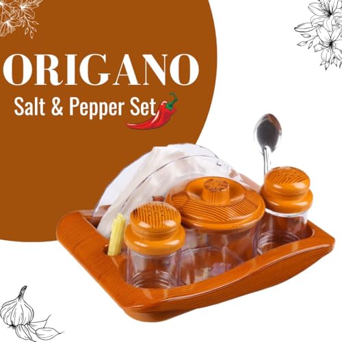 Image of Nabhya Complete Dining Table Set of Pickle Jars, Salt and Pepper Dispenser, Toothpick Holder and Spoon Holder(Wooden Look Design, Plastic) (Origano)