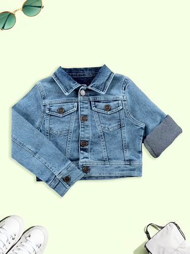 Image of Girls Full Sleeve Solid Crop Denim Jacket