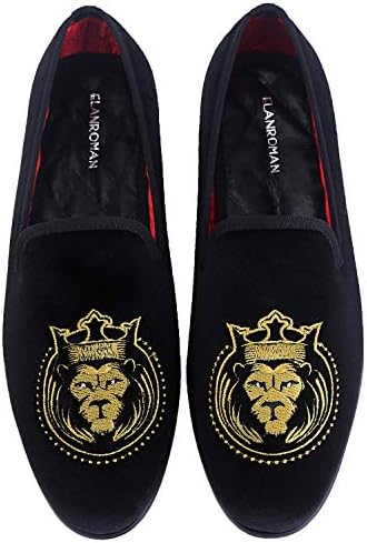 ELANROMAN Black and Gold Loafers Men Vintage Velvet Embroidery Smoking Slipper Dress Party Wedding Shoes US 9.5
