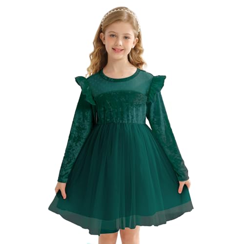 Girl Tulle Dresses Big Girls Velvet Tutu Fall Winter Long Sleeve Ruffle Holiday Party Dress 5-10Y2