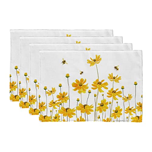 Arkeny Spring Summer Flower Bee Placemats 12X18 Inches Set Of 4,Seasonal Burlap Farmhouse Indoor Kitchen Dining Table Decoration For Home Party #TOP24