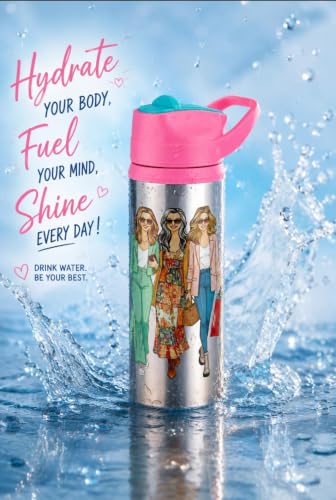 Image of Stainless Steel 600ML Sipper Water Bottle for Kids & Adults | Leakproof BPA-Free Bottle with Flip Lid & Carry Handle | Trendy fashion Print Design (Pack of 1, Pink)