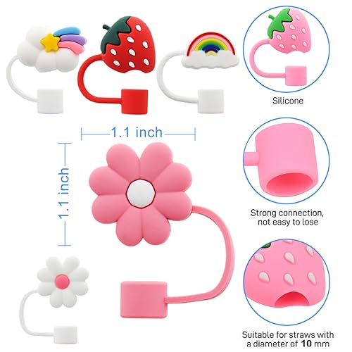 Image of Flower Straw Cover Cap for Stanley Cup Silicone Straw Topper Compatible with 30 and 40 Oz Tumbler with Handle,Straw Tip Covers 10 mm 0.4 in for Straw Tip Covers (6pcs Rainbow Flower Strawberry)