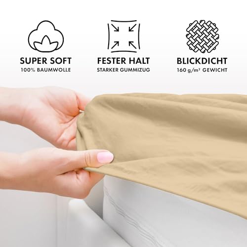 Jacobson Jersey Spannbettlaken Spannbetttuch Baumwolle Bettlaken (60x120-70x140 cm, Beige)