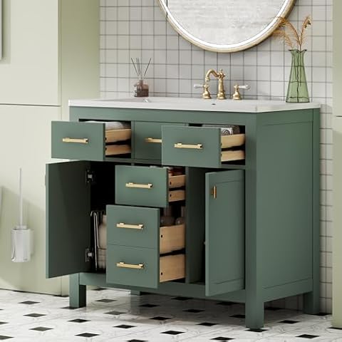 LUMISOL 36" Bathroom Vanity with Sink, Modern Green Bathroom Vanity with 4 Drawers & 2 Soft-Closing Doors, Free Standing Wooden Bathroom Cabinet with Resin Basin, Green Cover