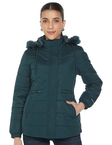 Image of Qube By Fort Collins Women's Medium-Length Bomber Jacket with Detachable Hood Stylish Winterwear for All-Day Comfort |Material: Nylon