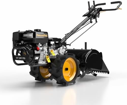 Poulan Pro Dual Direction Rear Tine Tiller, 212cc 4 Cycle Gas Engine, Full Gear Transmission, Dual Rotating Tines, Airless Tires, Instant Reverse 18 Inch Gas Tiller for Gardon and Farm