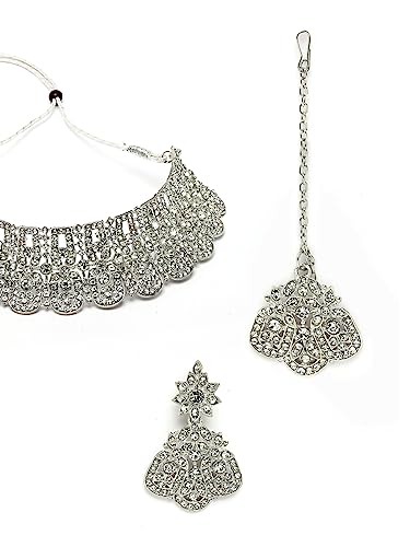 Rhodium Plated AD Stones Choker Necklace Set with Earring and Maangtika