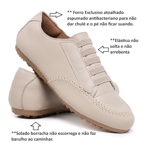 Sapato Mocassim Feminino Mocatenis Couro Legitimo Confort sem Cadarço com Elastico Bege (Bege, BR, A