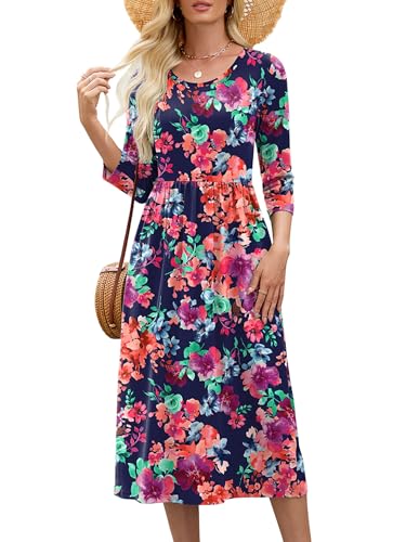 Image of Heymoments Women's Casual 3 /4 Sleeve Midi Dress Crewneck A Line Tiered Flowy Loose Travel Long Dresses with Pockets
