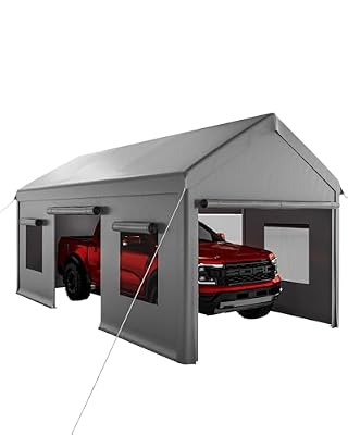 10 X 20FT Heavy Duty Carport, Portable Garage with Roll-Up Windows,Removable Sidewalls & Doors, Outdoor Tent Garage for Car,Truck,Boat