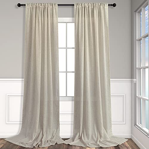 Flax Linen Curtains 96 Inches Long For Bedroom 2 Panels Back Tab Pocket Primitive Burlap Farmhouse Drape Sack Tweed Canvas Cloth Look Semi Sheer Tan Beige Curtains For Living Room Neutral Earth Tone #TOP7