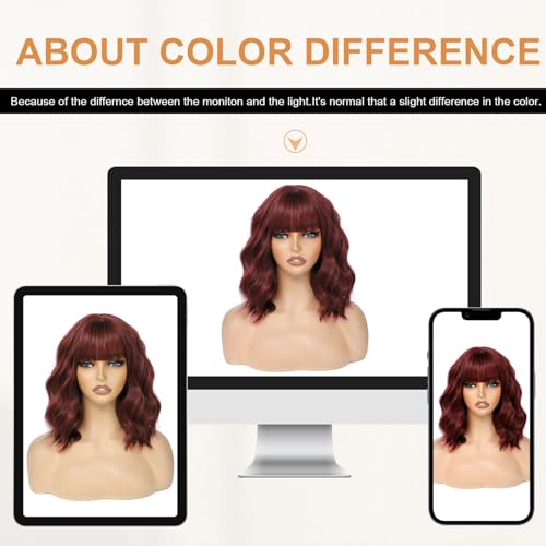 Image of Wine Red Short Wavy Wigs with Bangs Burgundy Wig Shoulder Length 14Inch Synthetic Hair for Women Girl Colorful Cosplay Wig Synthetic Heat Resistant Fiber Hair for Daily Party Halloween(118A#WineRed)
