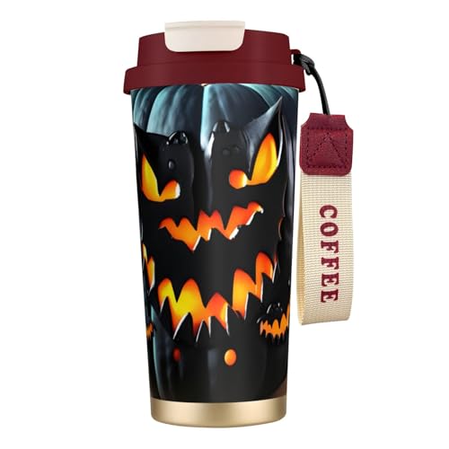GaxfjRu Taza de café de acero inoxidable aislada al vacío con tapa, diseño de calabaza de murciélago de Halloween, 20 onzas, vaso para bebidas frías y calientes