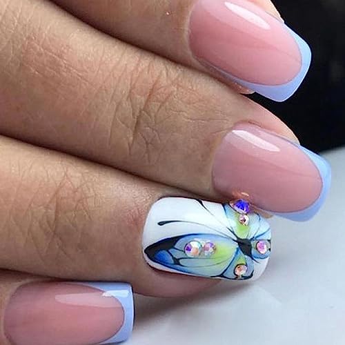 24 Piezas Uñas Postizas Cortas Cuadradas, Ballerina Uñas Falsas Azul Mariposa Acrilicas Press on Nails, Francesa Artificiales Adhesivos de Uñas para Mujeres y Niñas, 12 Tamaños