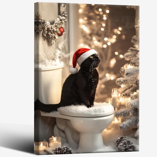ECUASMR Poster natalizio vintage su tela, stampa invernale con gatto nero seduto sul WC, decorazione per la casa e miglioramenti estetici della stanza, 40,6 x 61 cm, incorniciato