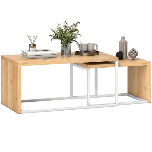Homcom Juego De 2 Mesas De Centro, Mesa Nido Moderna, Mesitas Auxiliares, Marco De Metal, Para Salón, Dormitorio, Grande 90x48x42 Cm Y Pequeña 59x42x36 Cm, Natural Y Blanco