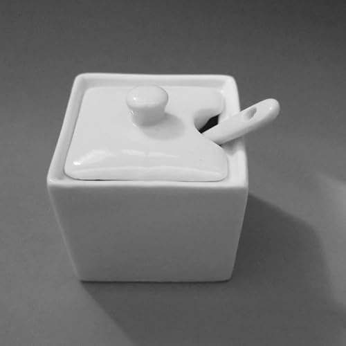 Miniatura 4 de Sizikato Olla de condimento de porcelana blanca con tapa y cuchara, tazón de sal cuadrado de 7 onzas para cocina y restaurante