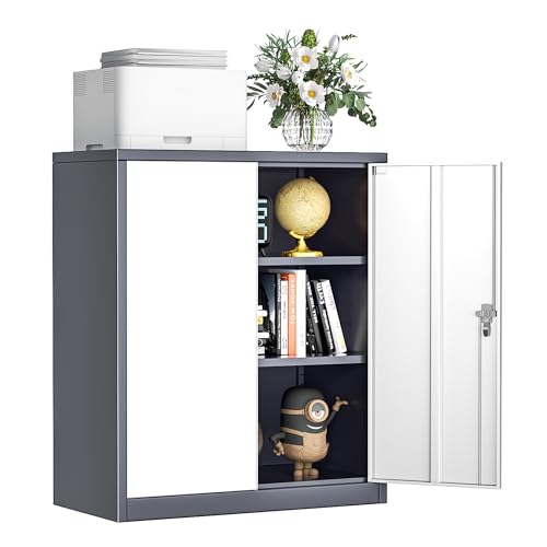 Image of INTERGREAT Metal Cabinet with Doors and Shelves, Lockable Storage for Office, Home, Garage, Kitchen, Shop - 36" Grey White Metal Utility Cabinet