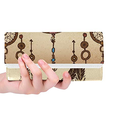 Preisvergleich Produktbild Einzigartige benutzerdefinierte ethnischen Federn ethnischen Elementen Traumfrauen dreifach gefaltete Brieftasche Lange Geldbörse Kreditkarteninhaber Fall Handtasche