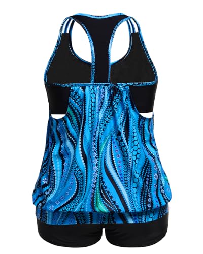 Image of Womens Plus Size Tankini Swimsuit Two Piece Tummy Control Bathing Suit | Blouson Racerback Tankini Top with Shorts, Double Up Design, Removable Pad