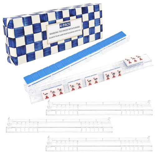 4-Pack Premium Mahjong Racks with Pushers, Clear Non-Slip Tile Holders