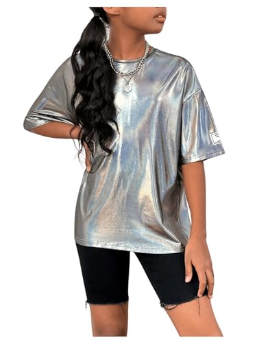 Image of Verdusa Girl's Metallic Oversized T-Shirt Disco Outfits Crew Neck Loose Y2k Dance Tops