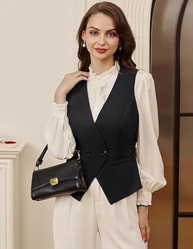 Belle Poque Weste Damen Herbst Asymmetrischer Saum V-Hals Arbeit Büro Anzug Westen Beiläufige Dressy Westen Schwarz XL