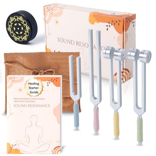 tuning forks for healing set including four frequency 128hz 1361hz 174hz 528hz yoga and meditation accessories chakra sound therapy instruments with tuning fork activator and vegan leather pouch