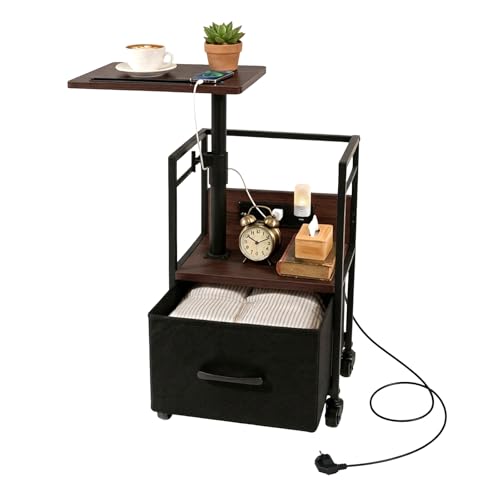 Bingyouth 360° Swivel Nightstand with Height Adjustable, Rolling Bedside Table with Charging Station, Night Stand with Storage for Bedroom, Space-Saving End Table-Black Walnut Look