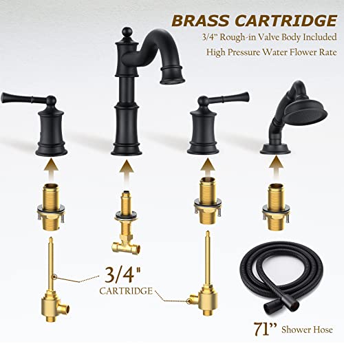 Winkear Roman Bathtub Faucet Set With Hand Shower 4 Hole Deck Mount Tub Filler With Diverter, 2 Lever Handle Rough-In Valve And Water Supply Lines Included For Bathroom Tub, Matte Black #TOP4
