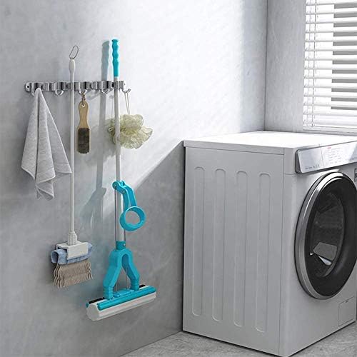 Saxhorn Broom Mop Holder Tidy Organizer, Stainless Steel Wall Mounted Organizer with 5 Position 4 Hooks for Brush Mop and Broom Tool Storage, Gray