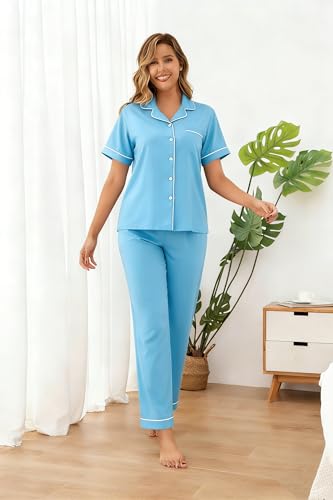 Image of 100% Cotton Pajama Sets for Women 2 Piece Long Sleeve Button Down Pjs Soft Comfy Ladies Sleepwear Lounge Sets S-XL