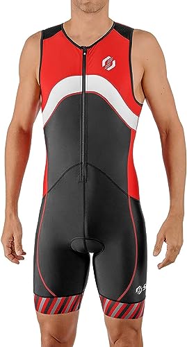 SLS3 Triathlon Suits Mens - Premium Trisuit Triathlon Men - Sleeveless, Quick Drying Tri Kit with Large Back Pocket (Black/Blazing Red, Large)