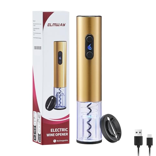 ELMWAY VinoLux Series Rechargeable Electric Wine Opener by ELMWAY – Electric Corkscrew with Dual LED Lights, Brushed Stainless Steel Body & Foil Cutter – Gold