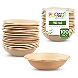 FOOGO Green 100 Mini Cuencos Desechables de Hoja de Palma, 10 cm, 90 ml, para Postres y Ensaladas, Redondos, Biodegradables, Compostables, Como los Cuencos de Madera, Bambú y Papel, Fiesta