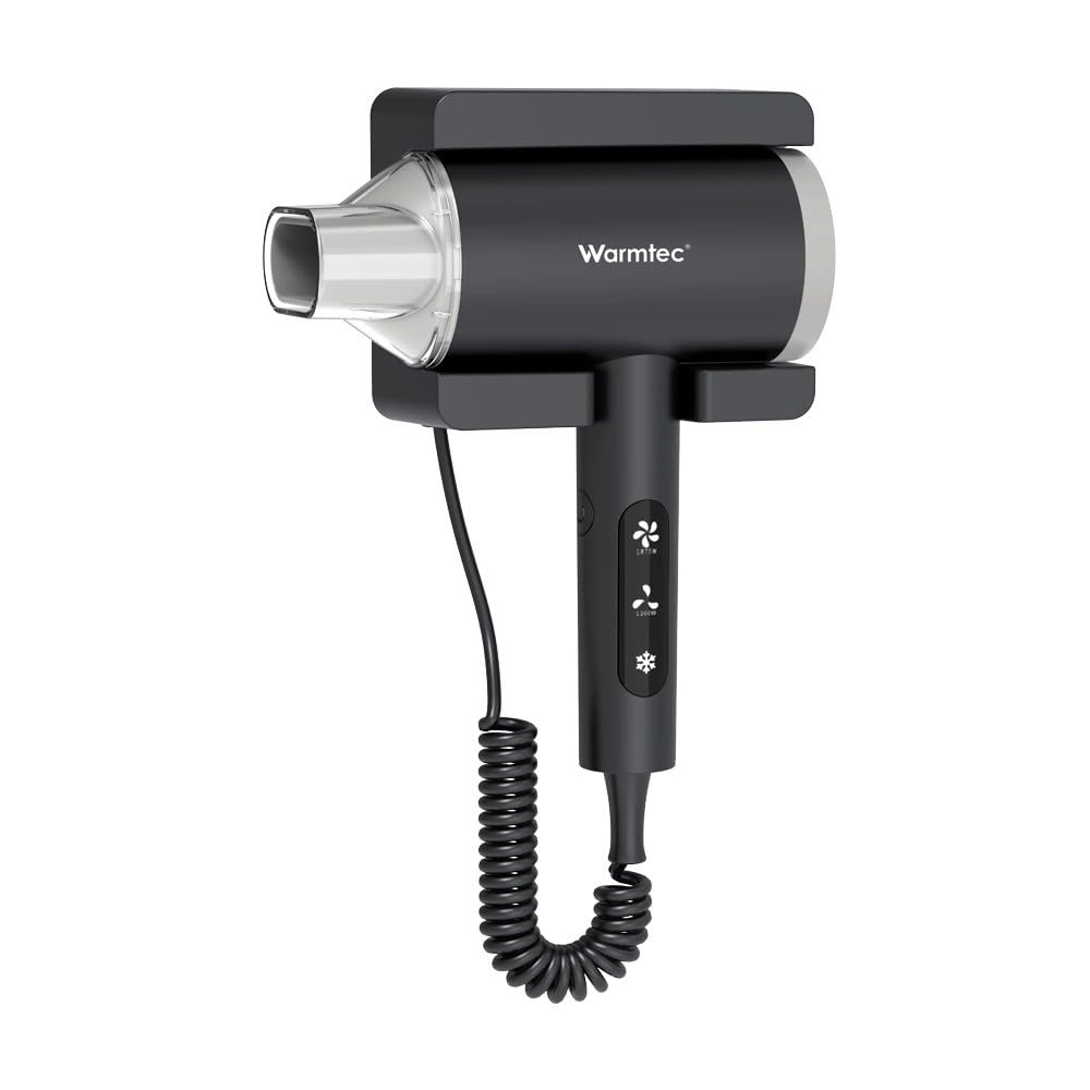 WARMTEC Hotelfön 1875W - Haartrockner mit Wandhalterung und LED-Display - Wandfön für Hotel mit Berührungssensor, 2 Heizstufen, Kaltluft und Stylingdüse - Kompakter Wandhaartrockner - Schwarz Matt